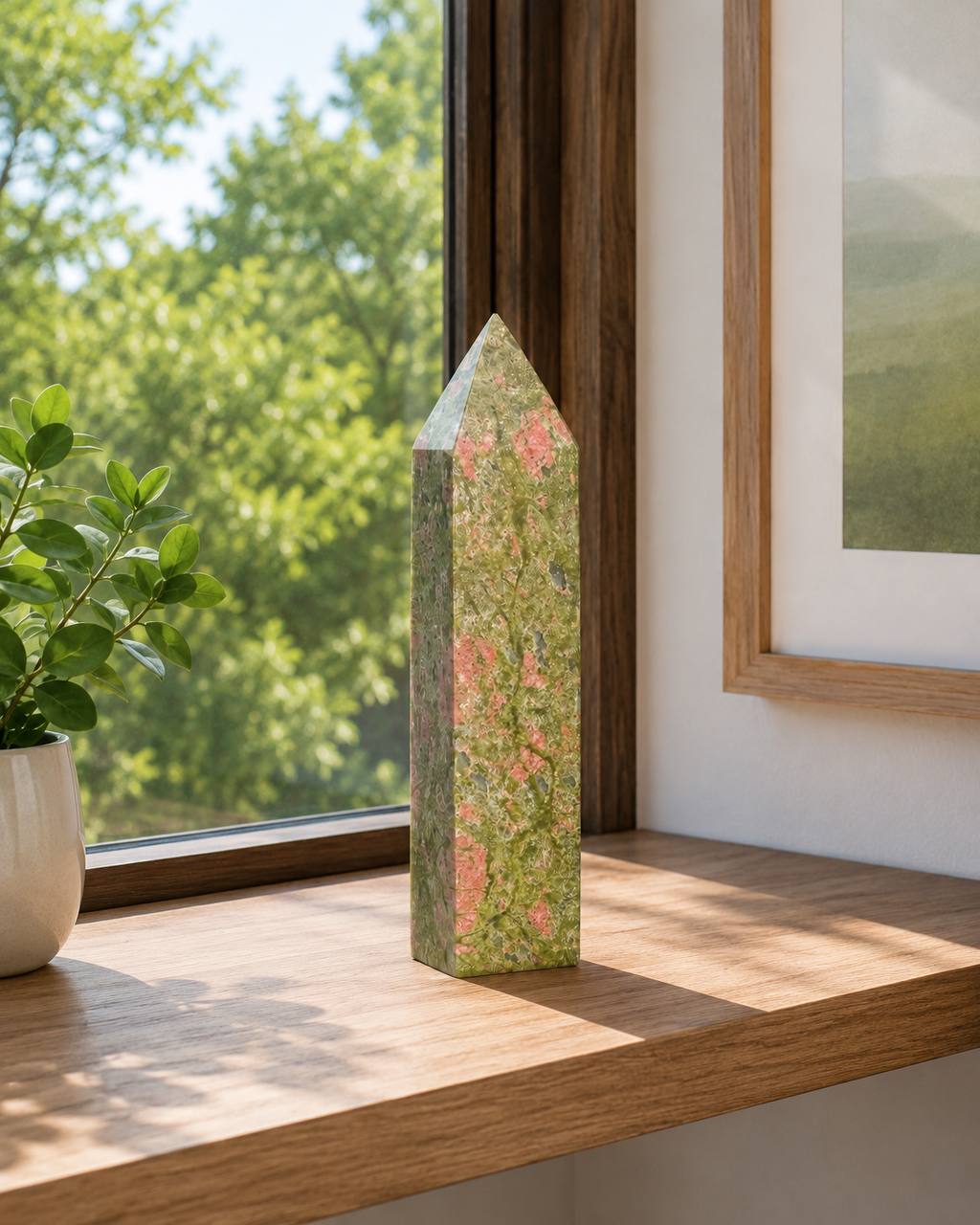 Unakite Crystal Tower, Large Green Pink Crystal Point, Polished Unakite Obelisk
