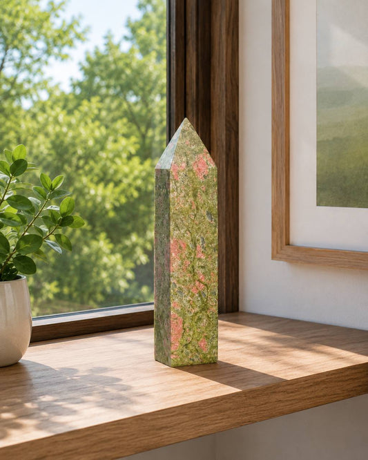 Unakite Crystal Tower, Large Green Pink Crystal Point, Polished Unakite Obelisk