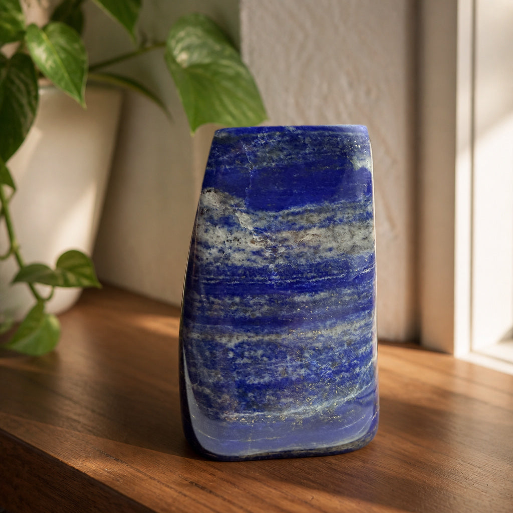 Lapis lazuli freeform on a walnut shelf