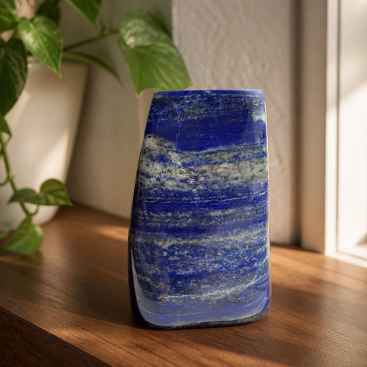 Lapis lazuli freeform on a walnut shelf