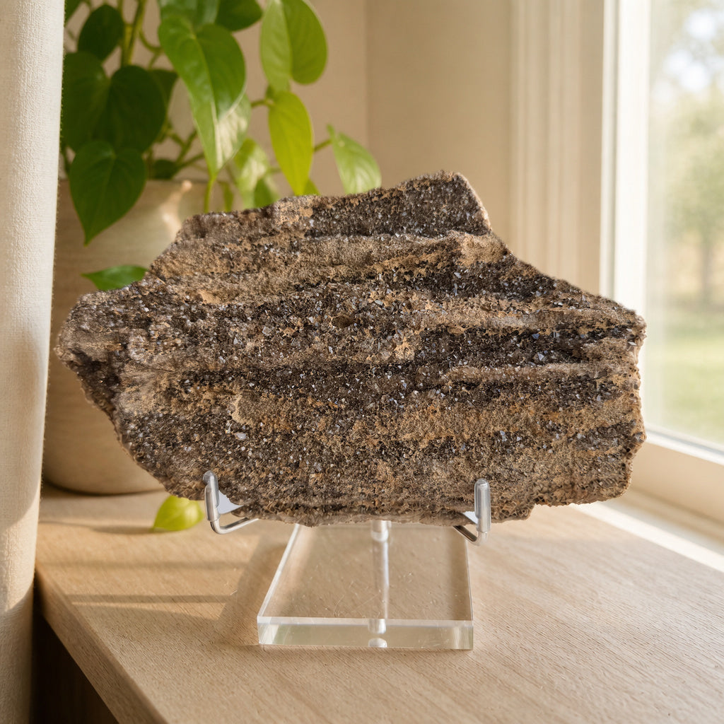 Druzy petrified wood slab on a sunlit oak console