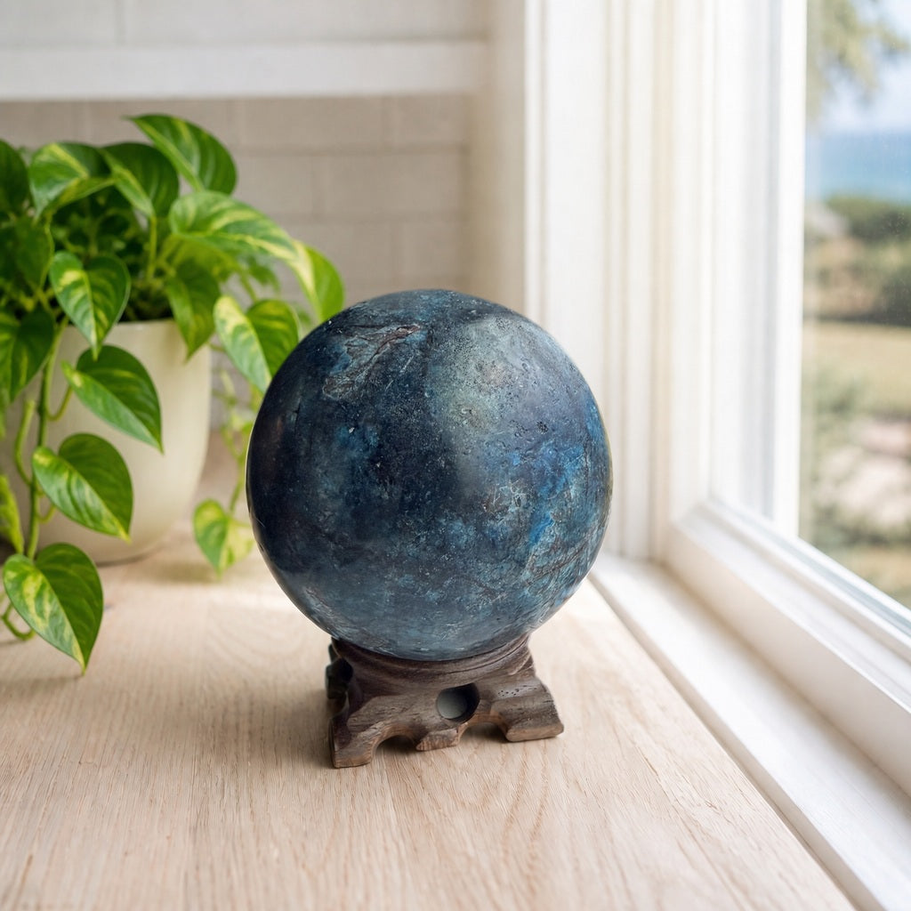 Blue apatite sphere on a sunlit white oak counter
