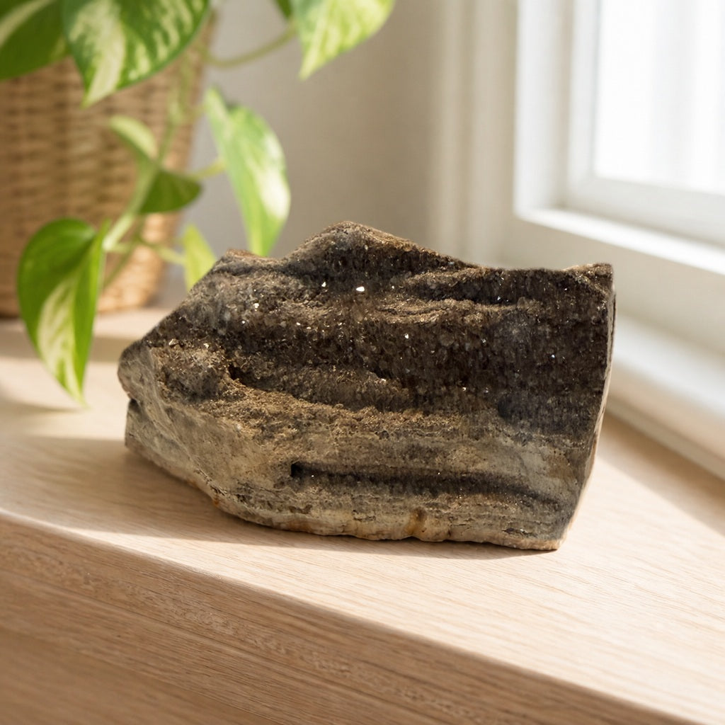 Druzy petrified wood on a sunlit oak sill