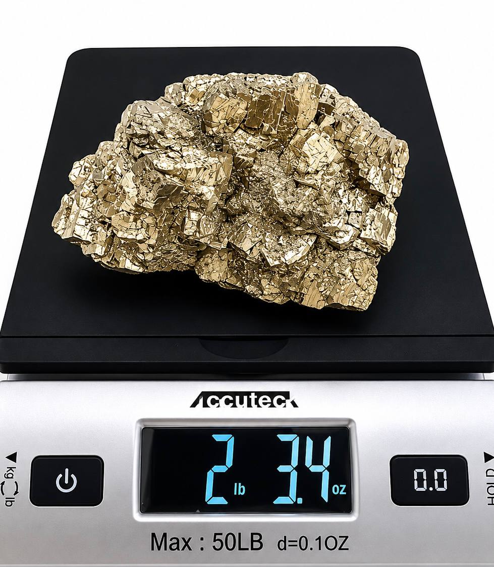 Pyrite crystal cluster on scale showing 2 lb 3.4 oz