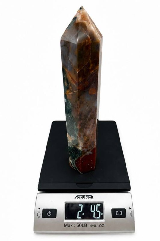 Ocean jasper tower on scale showing 2 lb 4.5 oz