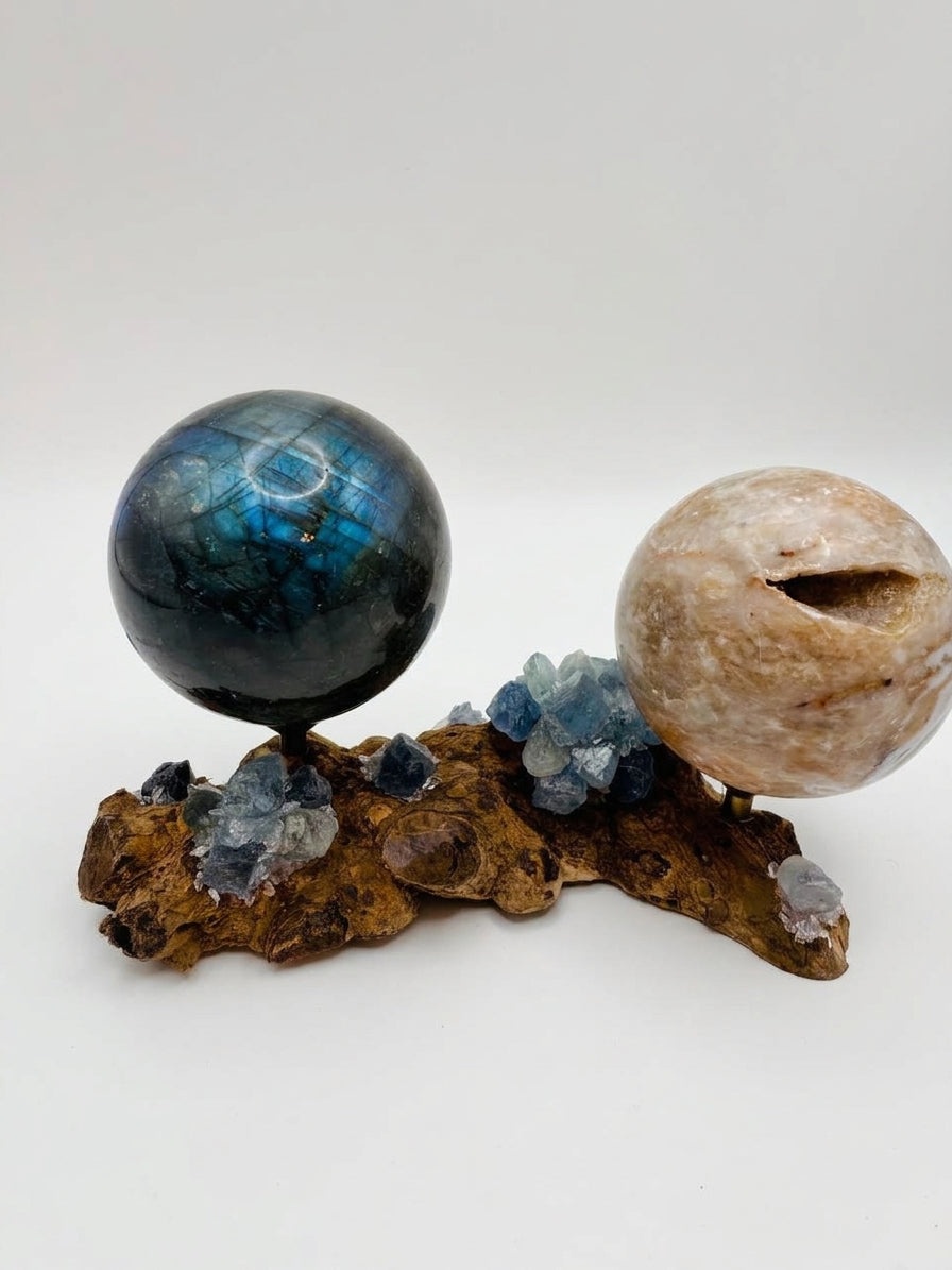 Blue fluorite sphere holder with spheres angled view