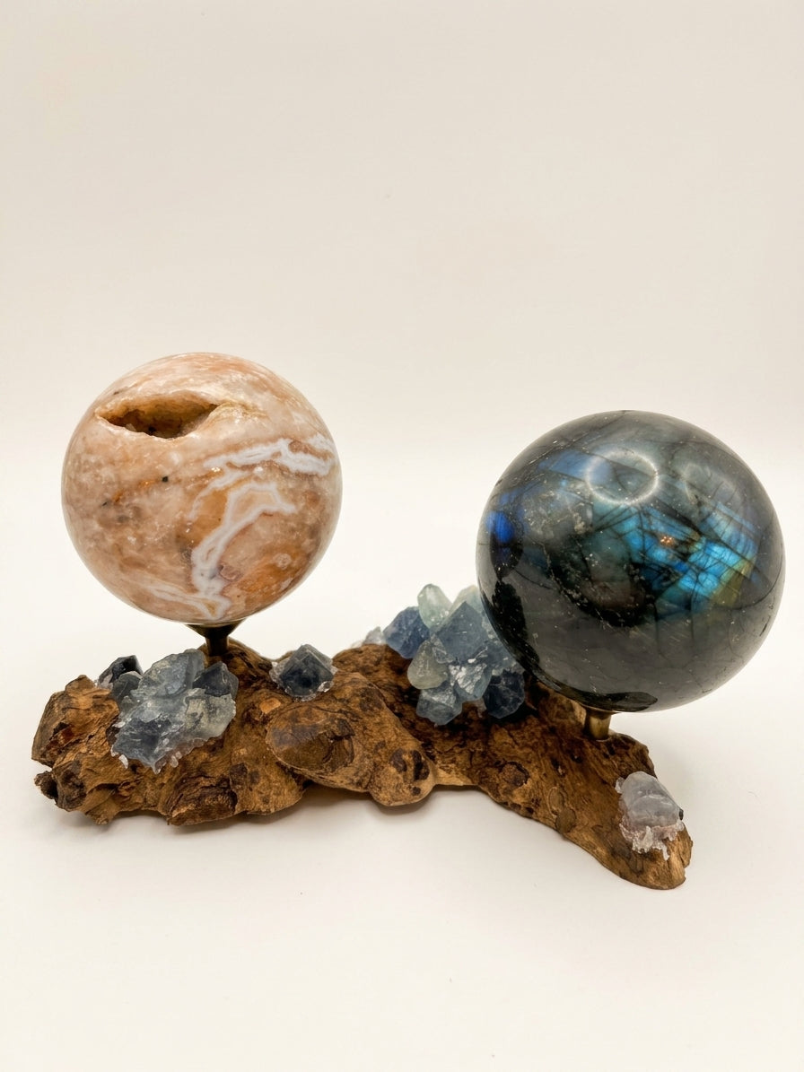 Blue fluorite sphere holder with crystal spheres